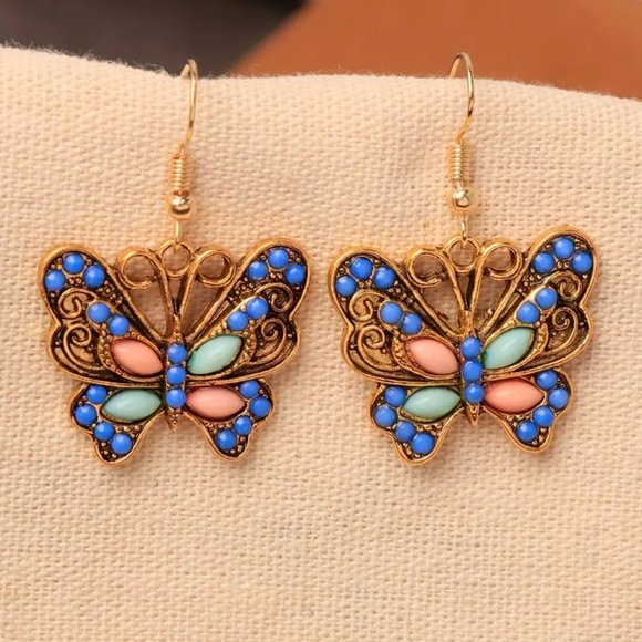 Jewelry Vintage Blue Colorful Butterfly Earrings Gold With Color
